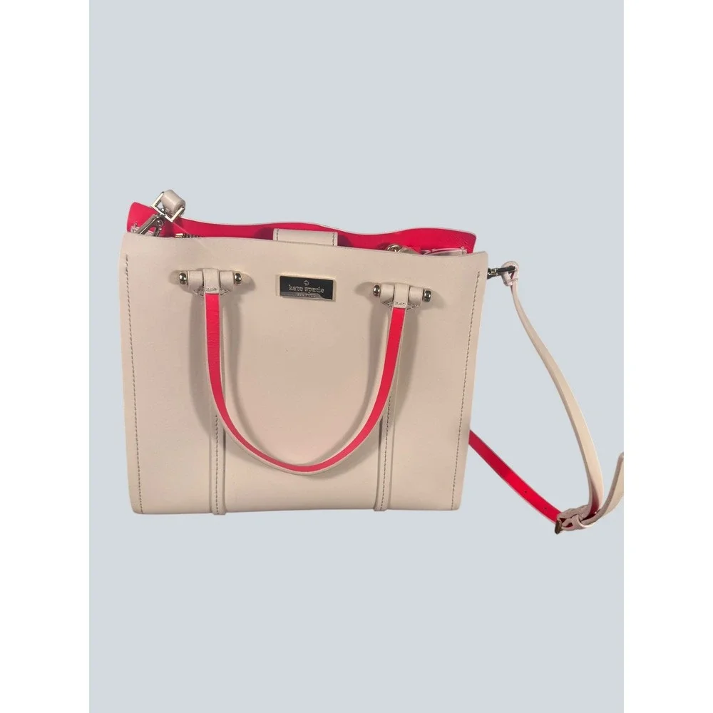 Kate Spade Small Leather Tote Crossbody‎ Bag Cream w/ Pink Interior Strap